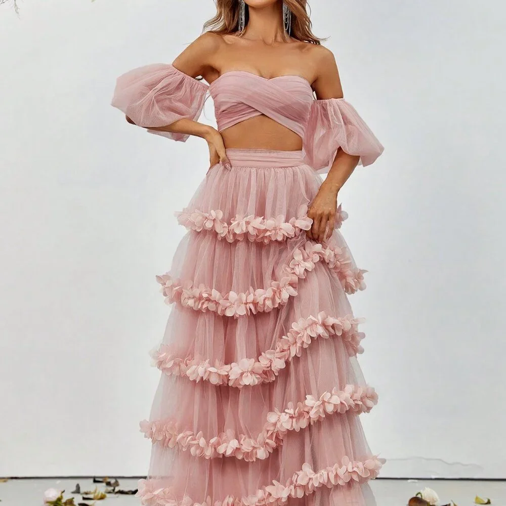 Dusty Pink Party Women's Off-Shoulder Crop Top & Ruffled Tulle Skirt Set - Picture 6 of 6